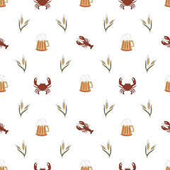 Seamless pattern with beer mugs, wheat and crabs. Background for menu, packaging, bar design.