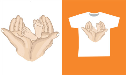 baby feet drawing in mom's hands vector design. Printable baby feet designs on t-shirt.