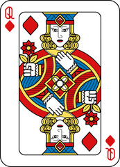 Playing Card Queen Diamonds Yellow Red Blue Black