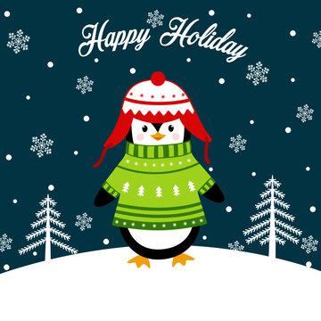 Penguin cartoon illustration. Penguin with christmas tree. A character for Christmas and New Year's design.