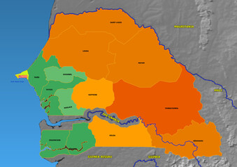 Administrative and political colored vector Map of Senegal  with colourful regions and Capital and neighboring Countries