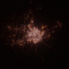 Mazar-i-Sharif (Afghanistan) street lights map. Satellite view on modern city at night. Imitation of aerial view on roads network. 3d render