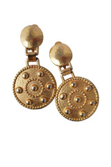 Old golden fashion earrings from the eighties with a vintage ancient greek design  isolated on...