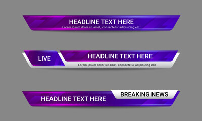 Newscast lower third banner vector. Set of lower third bar templates for breaking news, sports news on television, video and media online