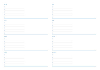 A weekly plan design template in a modern, simple, and minimalist style. Note, scheduler, diary, calendar, planner document template illustration.