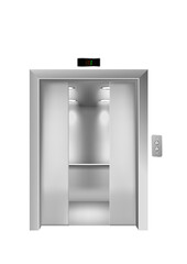 Opened metallic chrome elevator door 3d mockup, realistic vector illustration