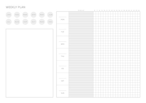 A weekly plan design template in a modern, simple, and minimalist style. Note, scheduler, diary, calendar, planner document template illustration.