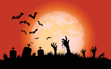 Happy Halloween, Zombie hands and Bats, Holiday lettering for banner, Vector illustration.