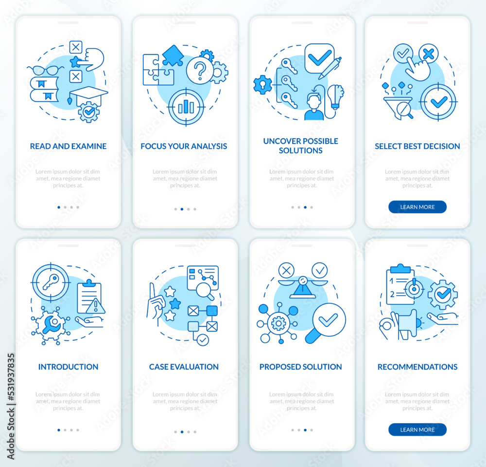Poster case studying process blue onboarding mobile app screen set. walkthrough 4 steps editable graphic in