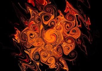 Swirling orange flame abstract texture on black background