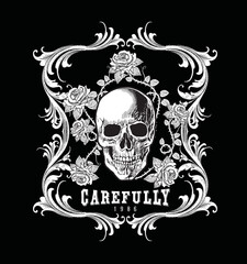 Skull and baroque style decorations in roses.suitable for t shirt printing design.