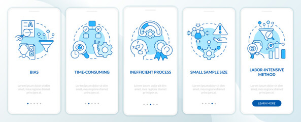 Disadvantages of case study blue onboarding mobile app screen. Issues walkthrough 5 steps editable graphic instructions with linear concepts. UI, UX, GUI template. Myriad Pro-Bold, Regular fonts used