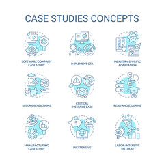 Case studies turquoise concept icons set. Examination of events. Researching process idea thin line color illustrations. Isolated symbols. Editable stroke. Roboto-Medium, Myriad Pro-Bold fonts used