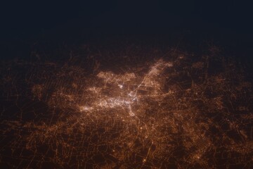 Aerial shot on Kharkiv (Ukraine) at night, view from west. Imitation of satellite view on modern city with street lights and glow effect. 3d render