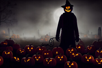 The halloween jack-o lantern sheperd in the cemetery