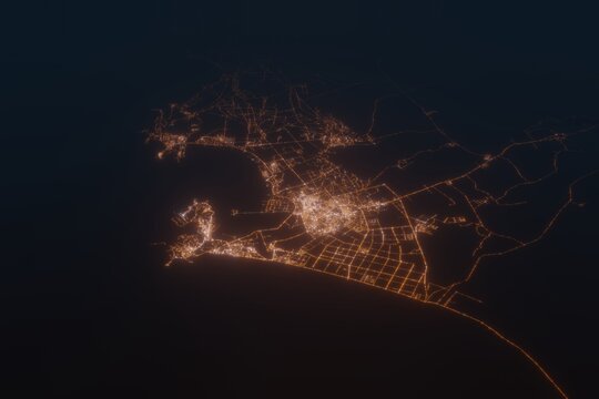 Aerial shot on Aden (Yemen) at night, view from east. Imitation of satellite view on modern city with street lights and glow effect. 3d render