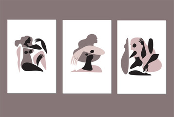 Abstract art posters for an art exhibition. Vector illustrations of shapes, woman, hands, spots.  Designed in a modern style oil on canvas with elements of fine art of pastel painting.