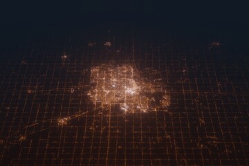Aerial shot of Lincoln (Nebraska, USA) at night, view from north. Imitation of satellite view on modern city with street lights and glow effect. 3d render
