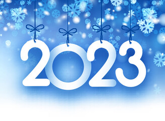 Hanging 2023 sign on blue snowing background.