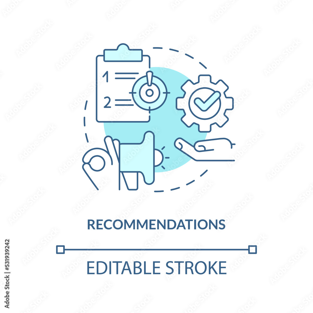Poster recommendations turquoise concept icon. learn possible solutions. case drafting abstract idea thin l