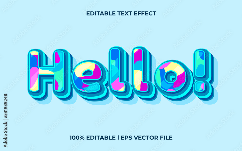 Poster hello 3d text effect with stylish theme. blue text lettering typography font style