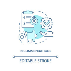 Recommendations turquoise concept icon. Learn possible solutions. Case drafting abstract idea thin line illustration. Isolated outline drawing. Editable stroke. Arial, Myriad Pro-Bold fonts used