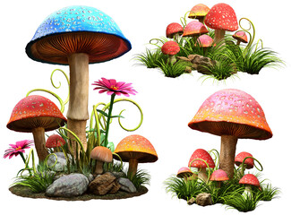 Fantasy mushroom groups 3D illustrations - obrazy, fototapety, plakaty