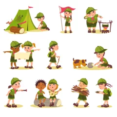 Foto op Canvas Cute kids scouts. Children in touristic clothes. Summer camping. Adventures organization. Nature explorers. Boys and girls put up tent. Teenagers cooking on campfire. Splendid vector set © VectorBum