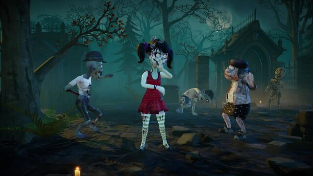 Halloween party. Dancing zombies at the cemetery.