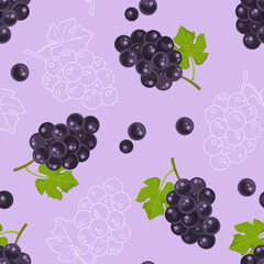 Dark grapes seamless pattern. Purple background with bunches of grapes and green leaves. Vector flat illustration.