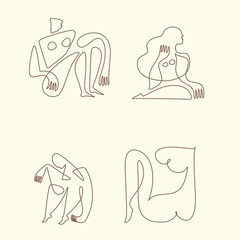 Line art Cubism abstract woman body, line drawing, trendy portrait, fashion cute minimal design. Contemporary monohrome artwork