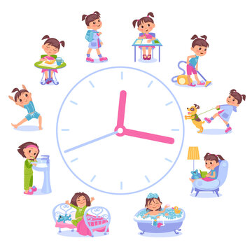 Girls daily routine. Dial clock with different activities scenes. Little child sleeping and eating breakfast. Hygiene and studying. Time to training or reading. Splendid vector concept