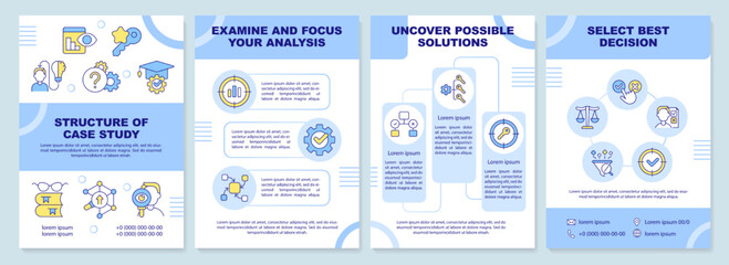 Structure of case study blue brochure template. Research. Leaflet design with linear icons. Editable 4 vector layouts for presentation, annual reports. Arial-Black, Myriad Pro-Regular fonts used