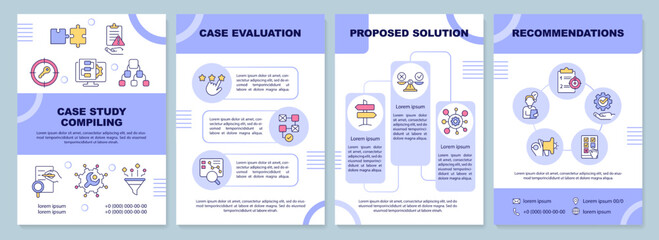 Case study compiling purple brochure template. Analytics. Leaflet design with linear icons. Editable 4 vector layouts for presentation, annual reports. Arial-Black, Myriad Pro-Regular fonts used