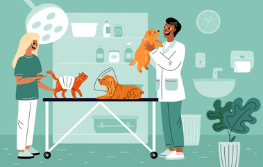 Vet doctor appointment. Cartoon people and pets. Animal surgery. Veterinarian examining patients. Puppy inspection. Veterinary hospital. Cat or dog treatment. Garish vector concept