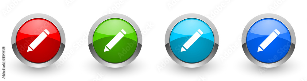 Poster pencil web icons, set of silver metallic round buttons isolated on white background