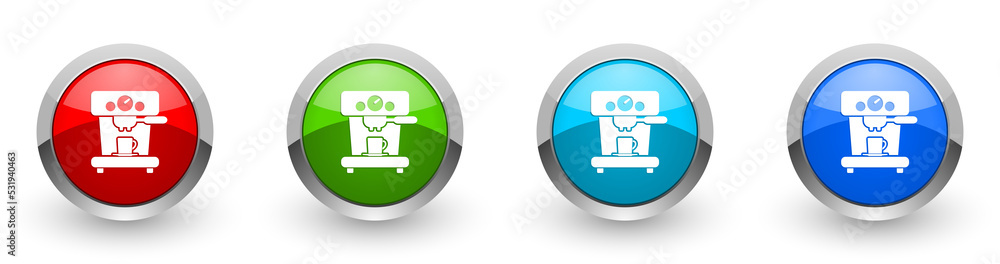 Poster coffee machine web icons, set of silver metallic round buttons isolated on white background