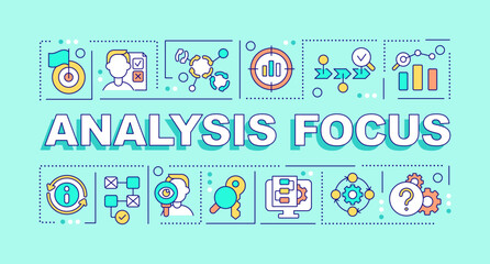 Fototapeta na wymiar Analysis focus word concepts turquoise banner. Case study. Infographics with editable icons on color background. Isolated typography. Vector illustration with text. Arial-Black font used