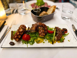 Fried octopus with rocket salad, tomatoes and potatoes, Hesse, Germany