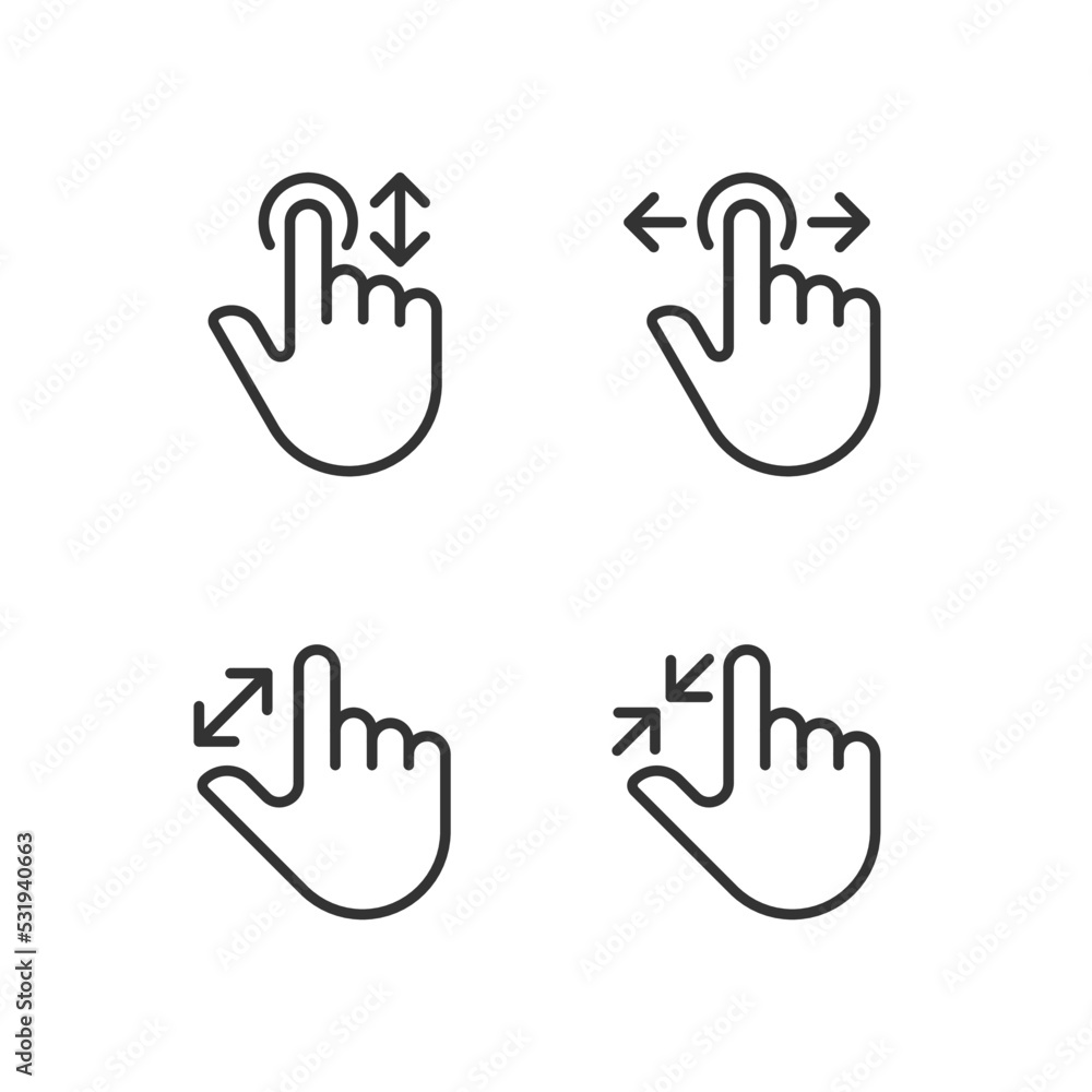 Poster scrolling and zooming gestures pixel perfect linear icons set. touchscreen control. electronic devic