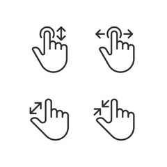 Scrolling and zooming gestures pixel perfect linear icons set. Touchscreen control. Electronic device navigation. Customizable thin line symbols. Isolated vector outline illustrations. Editable stroke