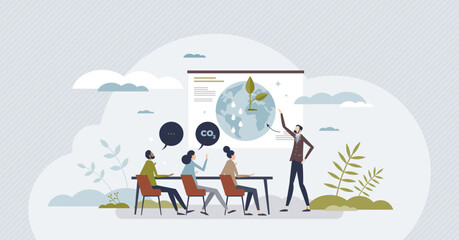 Ecology education and questions about nature protection tiny person concept. Knowledge and study about planet conservation, CO2 reduction and academic lessons about green energy vector illustration.