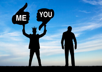 Selfishness. A selfish man with a crown holding a like sign addressed to him and a dislike...