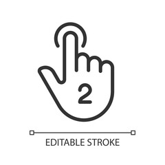 Double touch pixel perfect linear icon. Controlling gesture. Touchpad and touchscreen. Smartphone. Thin line illustration. Contour symbol. Vector outline drawing. Editable stroke. Arial font used