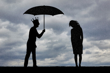 Selfishness and sexism. Selfish man with a crown holding an umbrella laughs at an upset woman in...