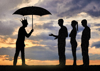 Selfishness and arrogance. Selfish man with a crown holding an umbrella laughing at people in the...