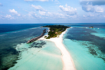 Fototapeta na wymiar Aerial view, Hurawalhi Island Resort, with beaches and water bungalows, Lhaviyani Atoll, , Maldives, Indian Ocean, Asia,