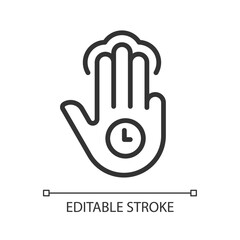 Three finger holding pixel perfect linear icon. Multi touch technology. Tap and hold. Long press. Thin line illustration. Contour symbol. Vector outline drawing. Editable stroke. Arial font used