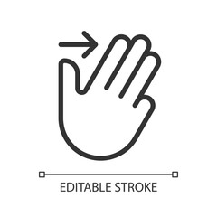 Three finger swipe pixel perfect linear icon. Multi touch control. Touchscreen navigation. Thin line illustration. Contour symbol. Vector outline drawing. Editable stroke. Arial font used