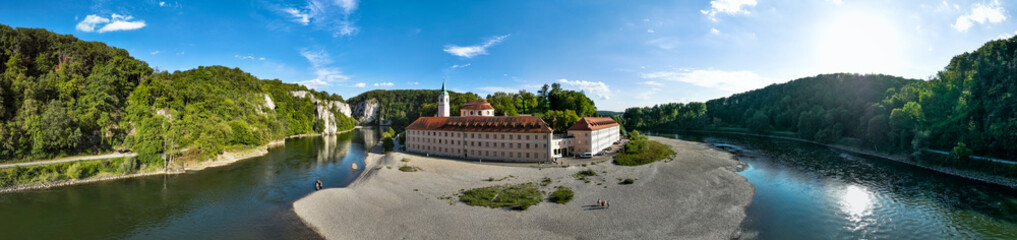 Aerial view of Weltenburg Monastery, Benedictine Abbey, on the Danube, Kelheim, Bavaria, Germany